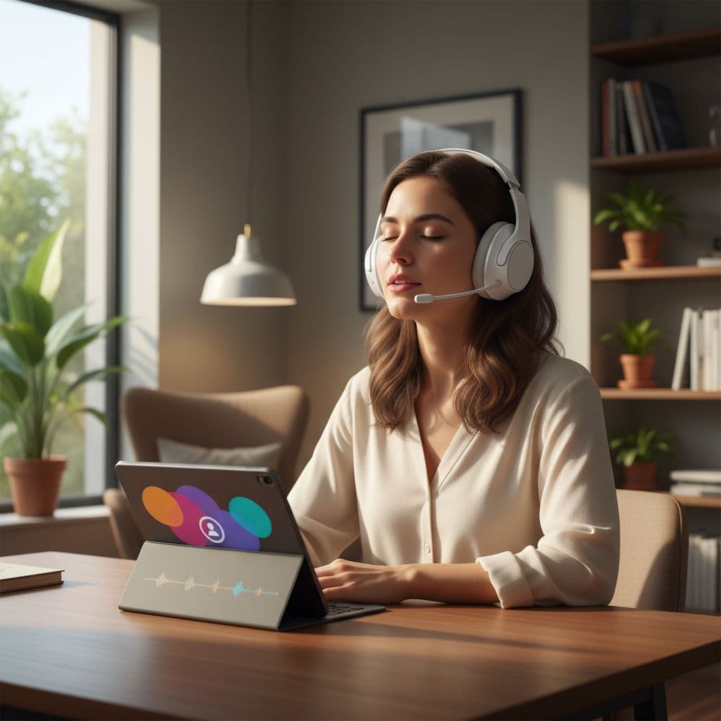 Babbel vs Pimsleur in 2026: Which Helps You Speak Faster? 2 A focused person wears a headset while speaking aloud during a language lesson in a cozy office.