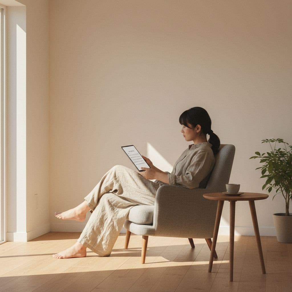 Satori Reader Review 2026: Is It Worth It for Serious Japanese Learners? 2 A person sits relaxed in a sunlit minimalist room, holding a tablet with one hand to read Japanese text.