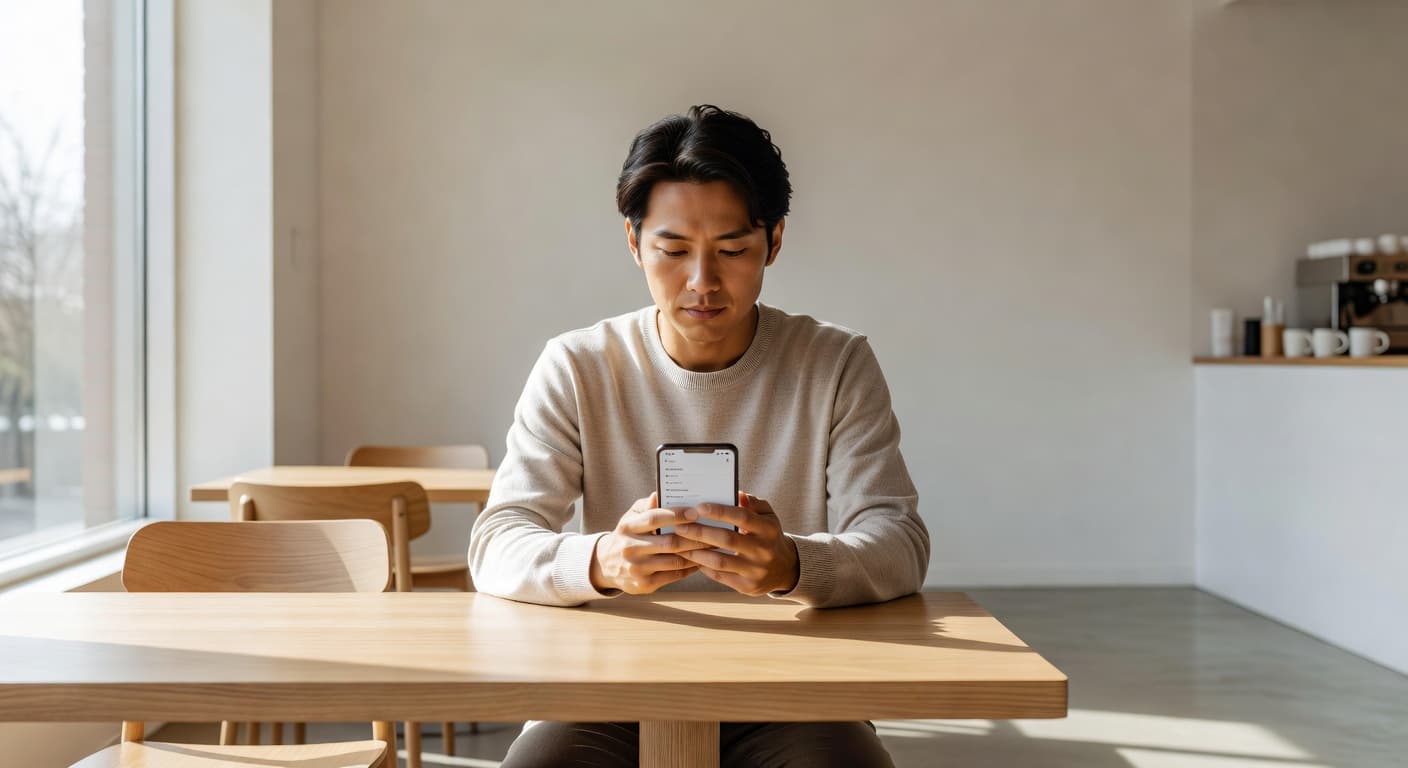 A focused individual sits inside a minimalist coffee shop, cradling a smartphone while reading intently. Soft daylight streams through the nearby window, illuminating the neutral background and their calm, relaxed posture.