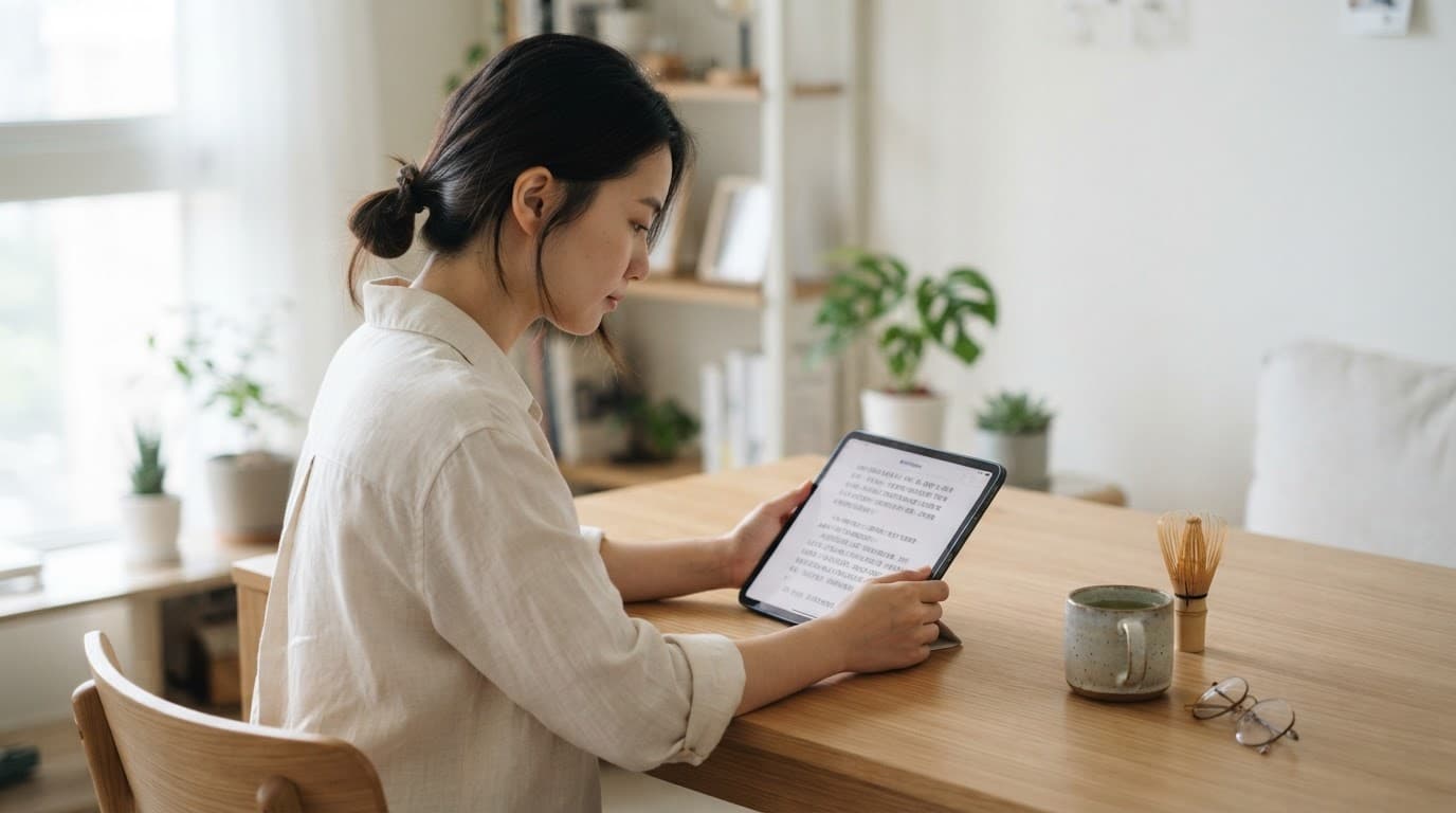 Person reading Chinese text on a tablet beside green tea at a wooden desk.