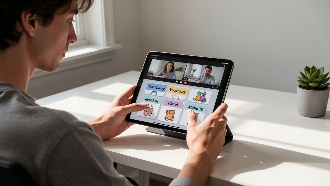 Best Free Language Apps With No Daily Limits in 2026 3 A focused person at a simple home office desk reviews vocabulary flashcards on a tablet playing native speaker video clips, with soft window light and photorealistic style.