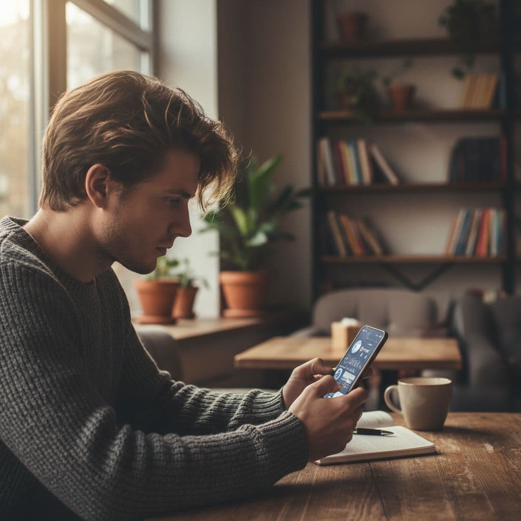 A person sits in a cozy coffee shop, focused on a smartphone screen.