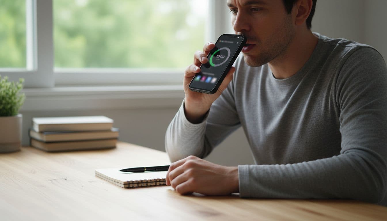 The 10-Minute Active Practice Time Check for Language Apps 3 A focused person at a home desk speaks into a smartphone microphone using a language app, with a 10-minute timer on the screen, notebook and pen nearby, in natural daylight.