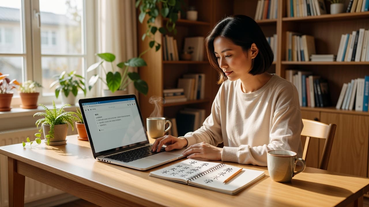 Mandarin Bean vs The Chairman's Bao for Chinese Reading 2 A focused individual sits at a minimalist desk, reviewing language lessons on a laptop. A steaming cup of tea and a leather-bound notebook rest beside the keyboard in soft morning light.