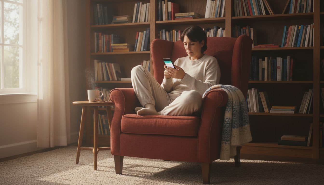 Babbel vs Rosetta Stone in 2026: Which Fits Serious Learners Better? 3 An adult sits in a sunlit armchair using a smartphone to study in a quiet living room.