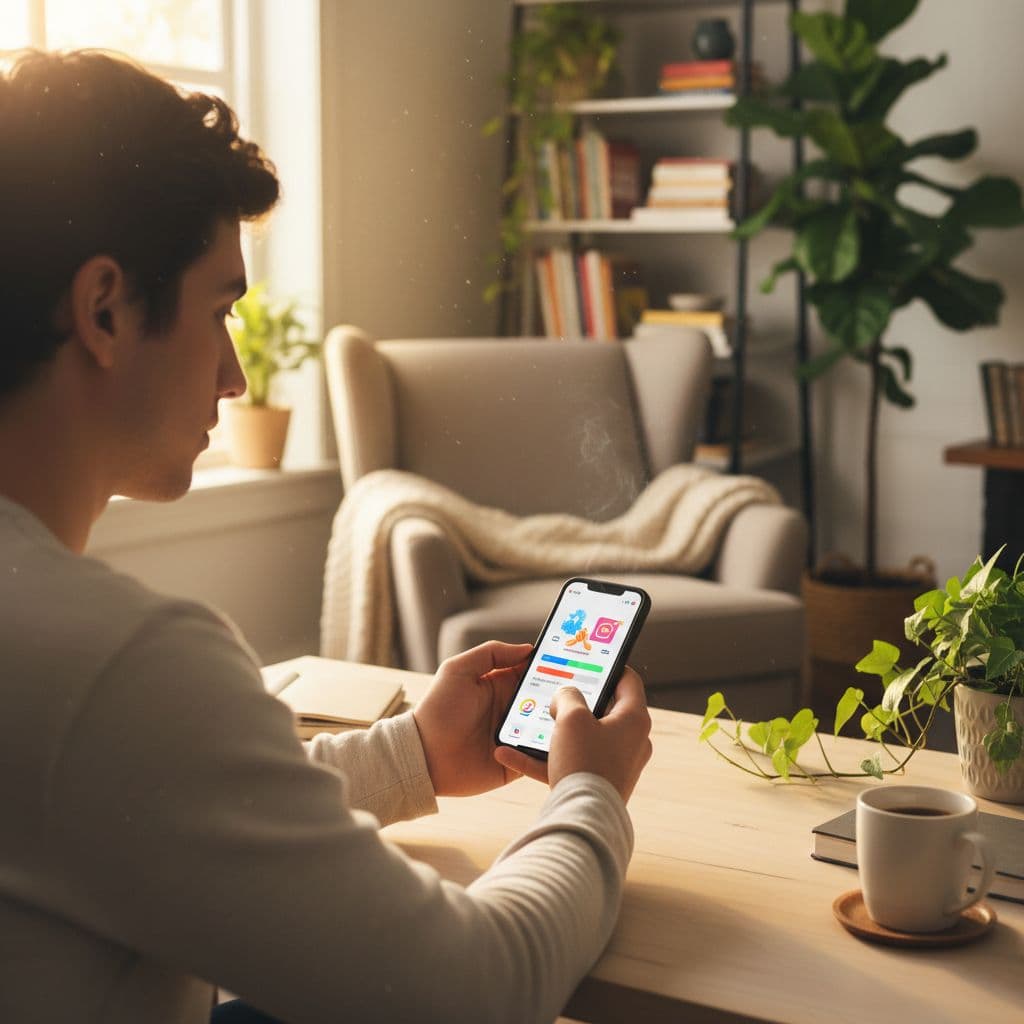 Person sits at desk holding smartphone in cozy room with books and plants under morning light.