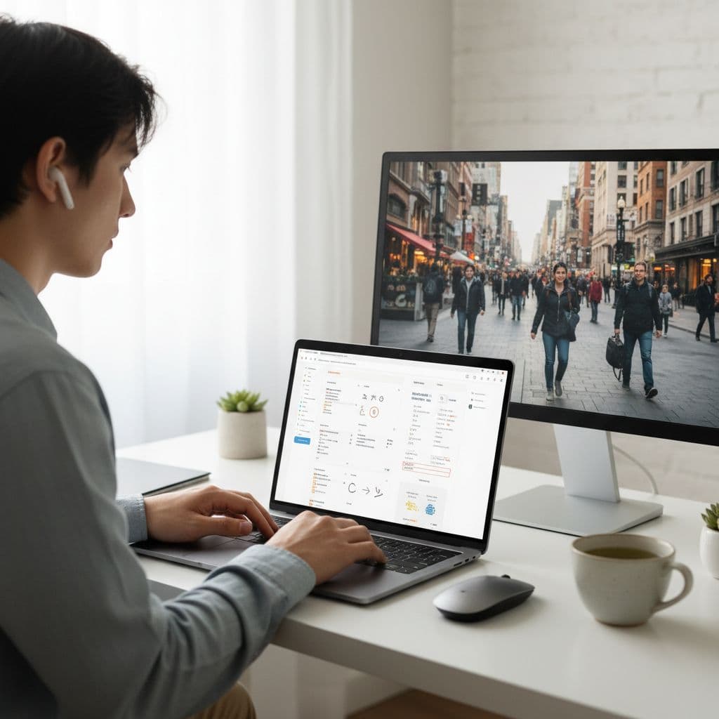 Migaku Review 2026: Is It Worth It for Serious Learners? 2 A person sits at a clean desk watching instructional videos on a laptop for language study.