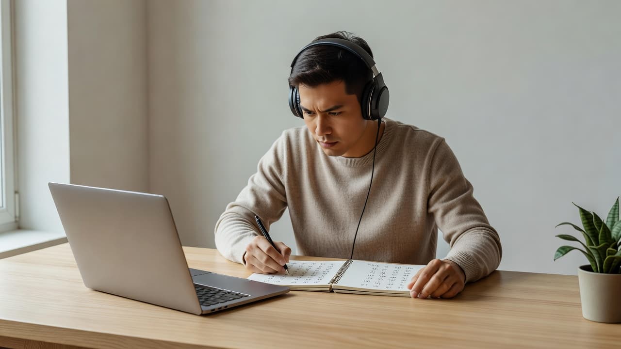ChinesePod Review 2026: Is It Worth It for Intermediate Learners? 2 A student in headphones takes notes at a desk while studying Mandarin on a laptop.