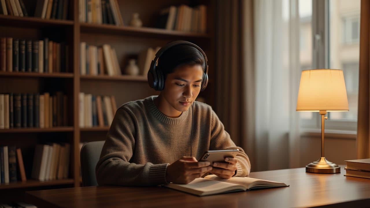 Best Chinese Listening Apps for Serious Learners in 2026 2 A focused individual wears professional headphones while holding a smartphone in a dimly lit, modern home library. Shelves of books line the wall behind them, creating a warm, scholarly atmosphere.