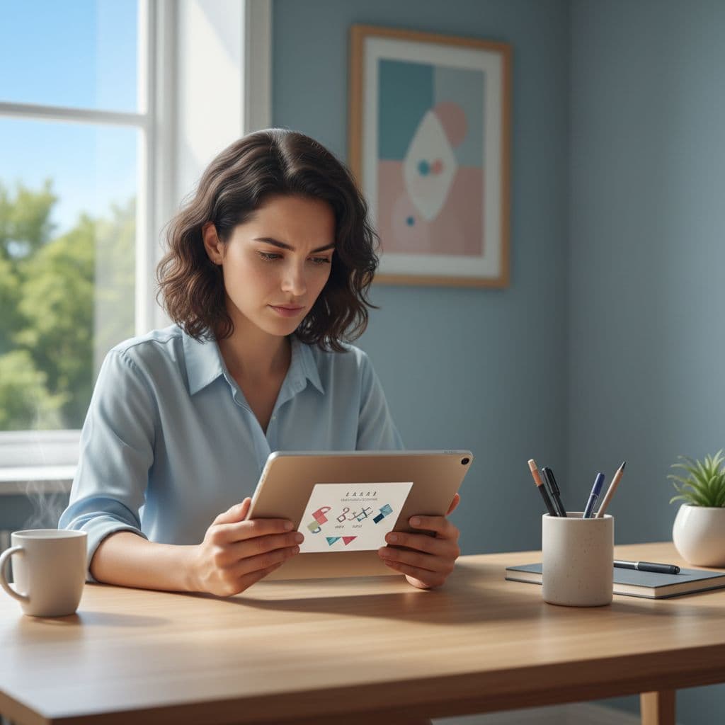 Person sits at tidy desk in well-lit room, focusing on tablet with minimal supplies nearby.