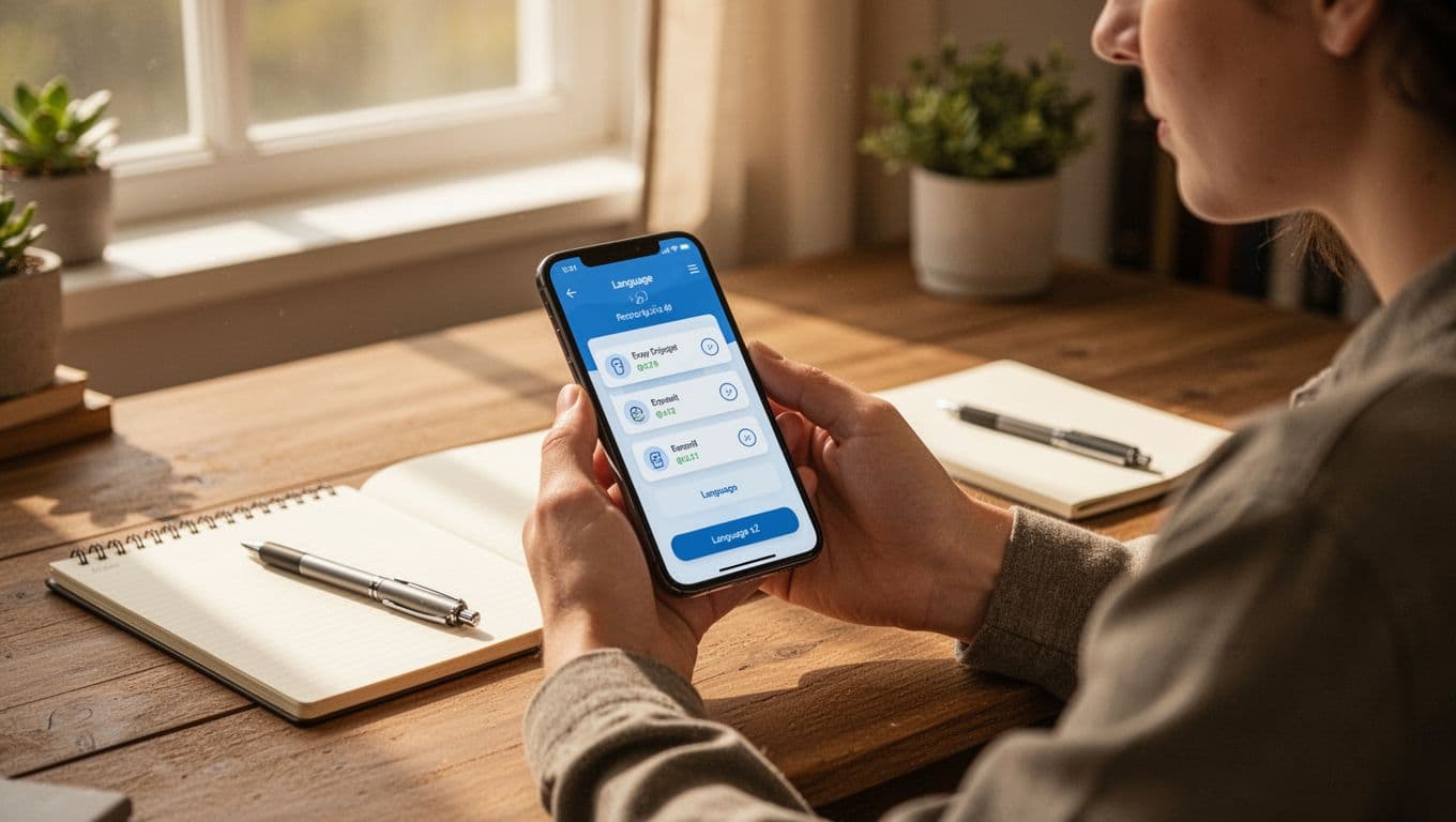 A focused person sits at a wooden desk holding a smartphone displaying a language quiz screen with a 15-minute timer, notebook and pen nearby, in a cozy home office illuminated by natural window light.