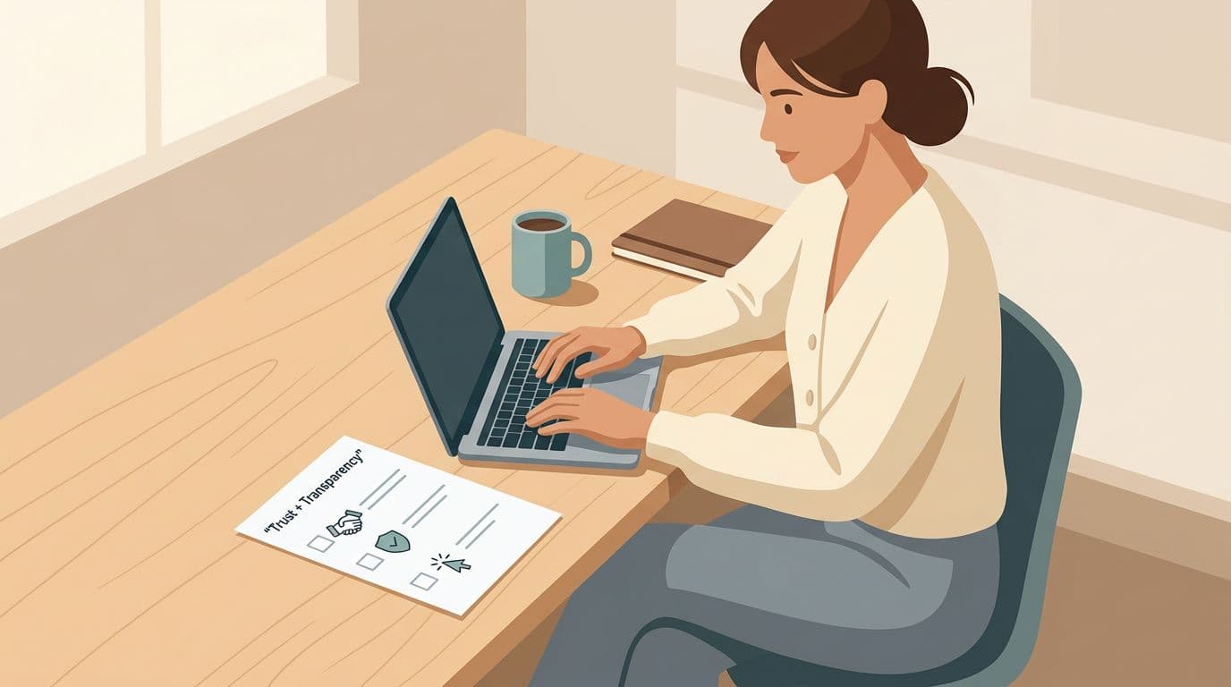 A single person sits at a wooden desk typing relaxed on a laptop, with a nearby printed checklist titled 'Trust + Transparency' featuring handshake, shield, and arrow icons. The minimalist scene includes a coffee mug and notebook in warm-neutral tones.
