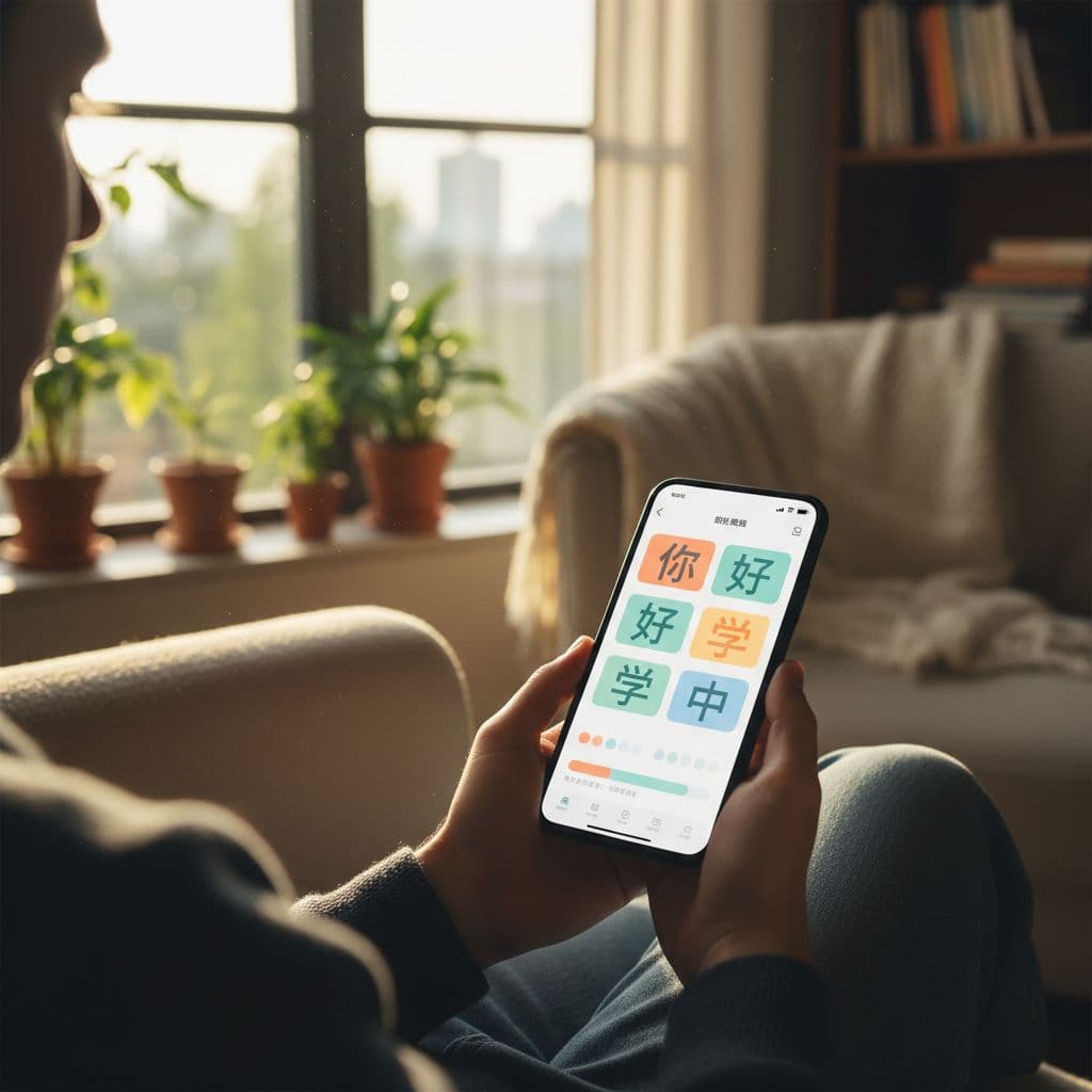ChineseSkill Review 2026: Is It Worth It for Serious Chinese Learners? 2 A person holds a smartphone displaying a colorful language learning app interface by a sunlit window.