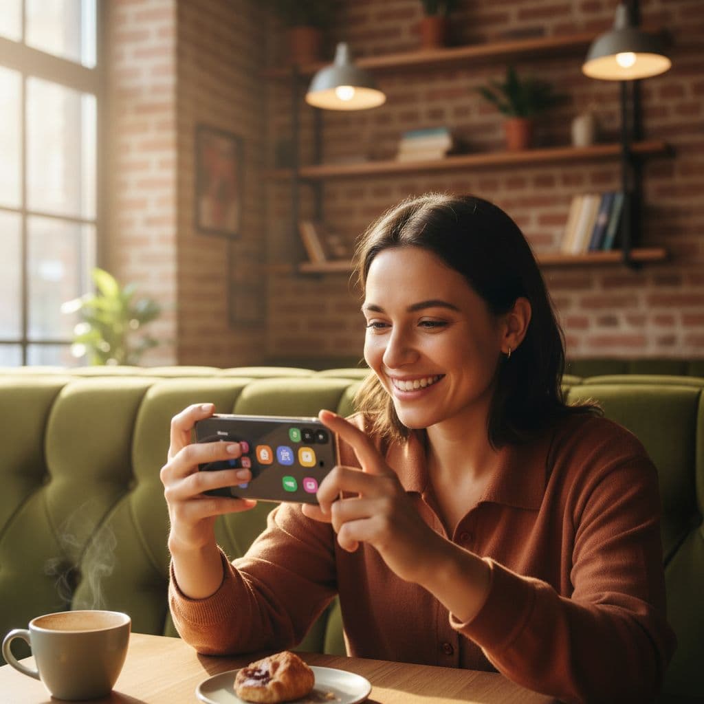 Best Language Apps for Speaking Practice in 2026 4 A smiling person sits in a sunlit cafe booth while interacting with a smartphone screen.
