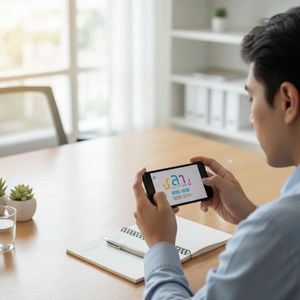 A person sits at a desk focusing on a mobile app with a notebook and pen nearby.