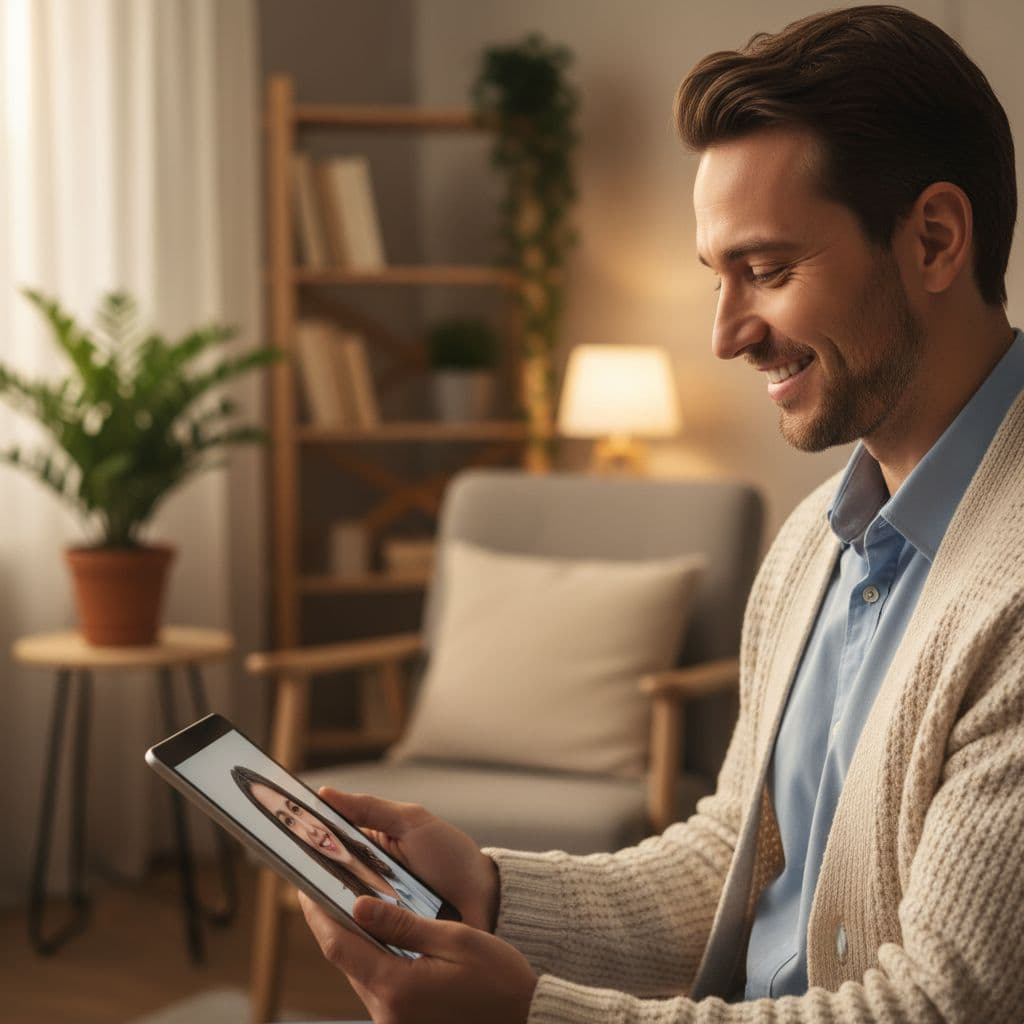 Best Language Apps for Speaking Practice in 2026 2 A person smiles while looking at a tablet during a one-on-one video call.