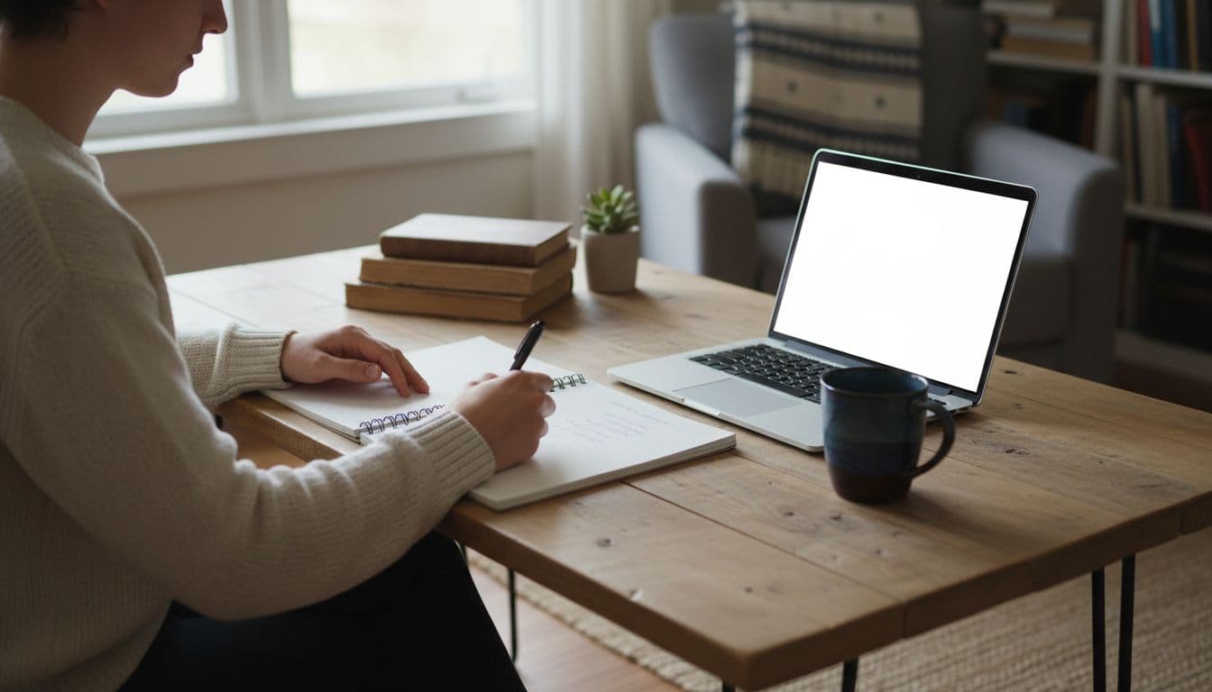 Person at home office desk writes in open notebook with pen in hand, laptop and coffee mug nearby.