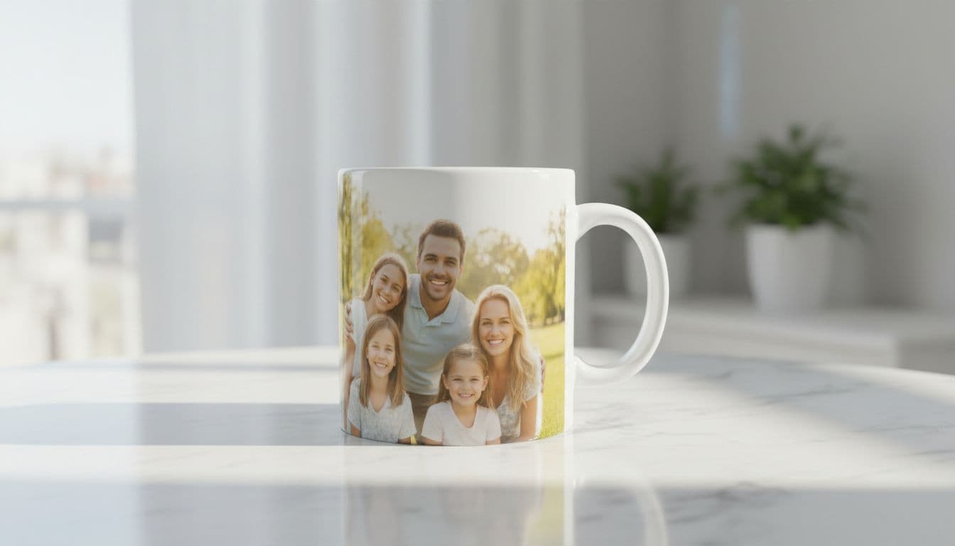 Side view of glossy white coffee mug on marble table with wrap-around family photo print.