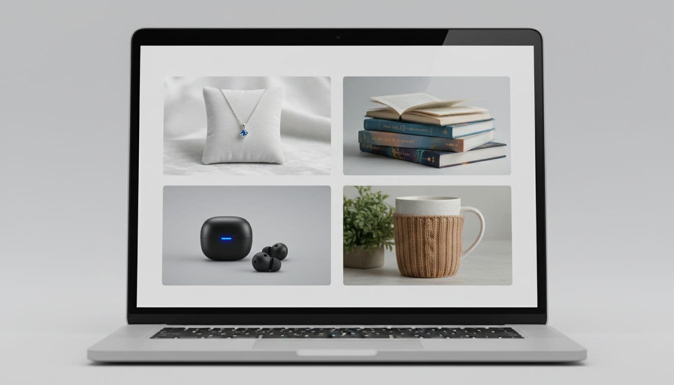 Clean laptop screen displaying a grid of four high-quality personalized gift product cards from a quiz results page, including jewelry, book, and gadget, in modern ecommerce interface with soft lighting and focus on screen.