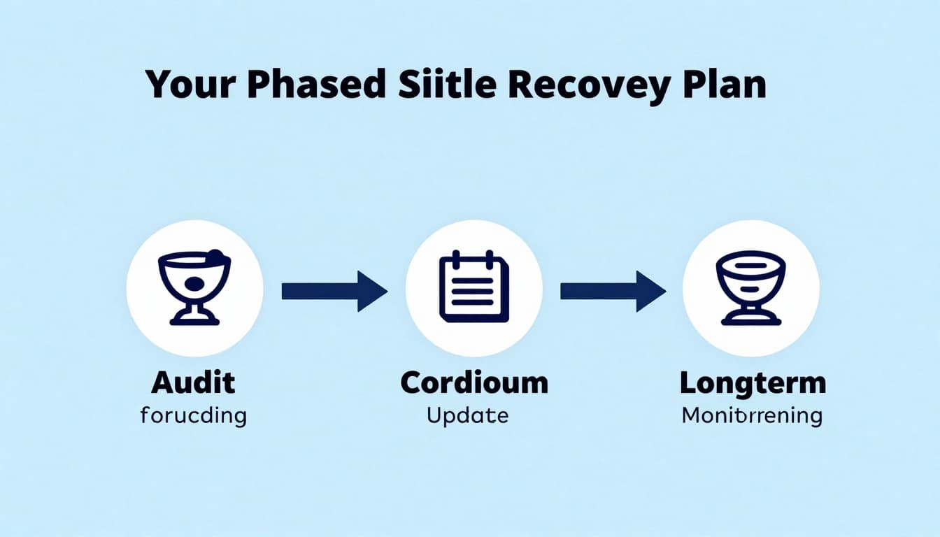 Simple horizontal infographic timeline depicting short-term, medium-term, and long-term phases for affiliate site recovery, with minimalist icons for audit, content update, and monitoring connected by arrows in soft blue tones.