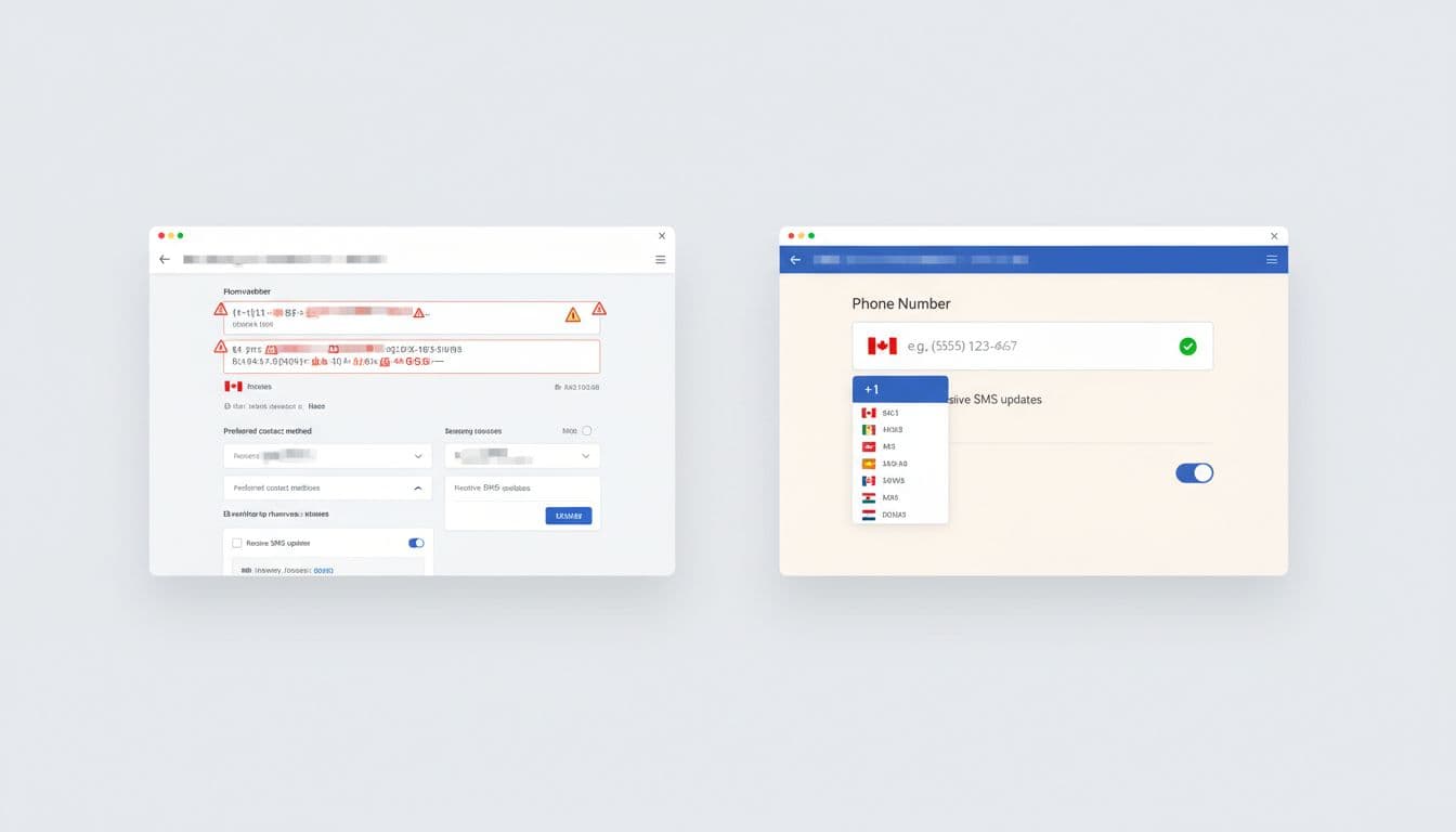 Split-screen desktop checkout: left cluttered phone input with errors, right clean international selector.