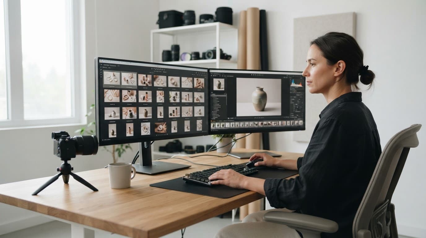 Photographer reviewing image files on dual monitors in a softly lit studio.