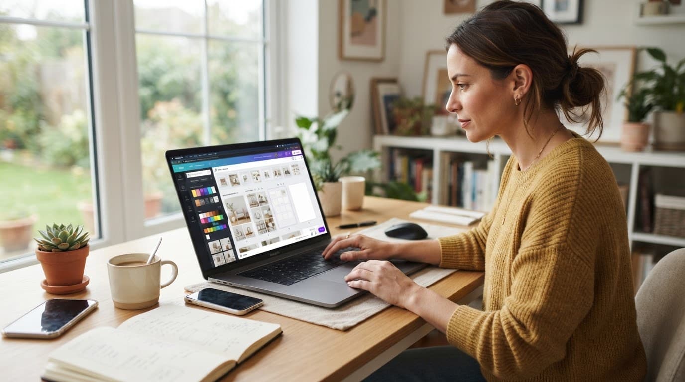 A creator uses a laptop at a tidy desk with coffee and a notebook.