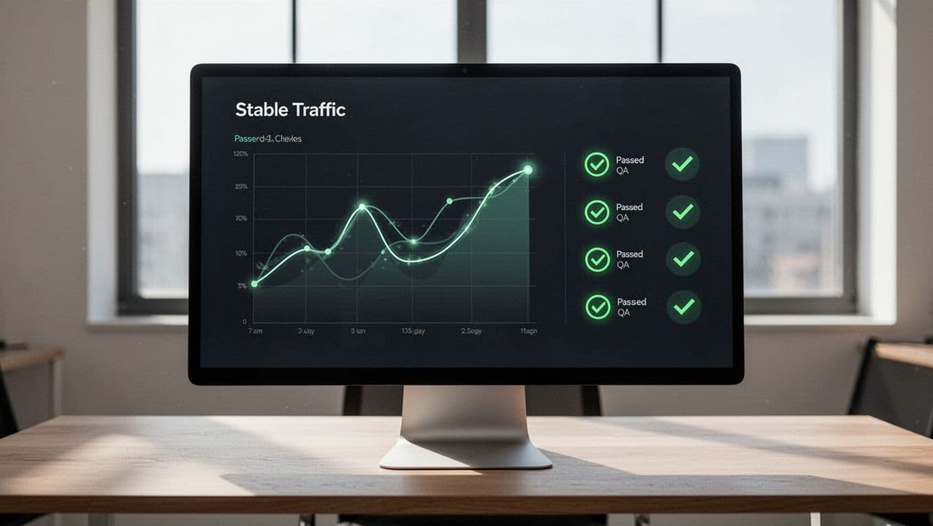 Modern infographic illustrating post-migration QA checklist with Search Console Core Web Vitals metrics, affiliate link validation, sitemap icons, green checkmarks on dashboard elements, and stable traffic graph in professional high-contrast minimal style.