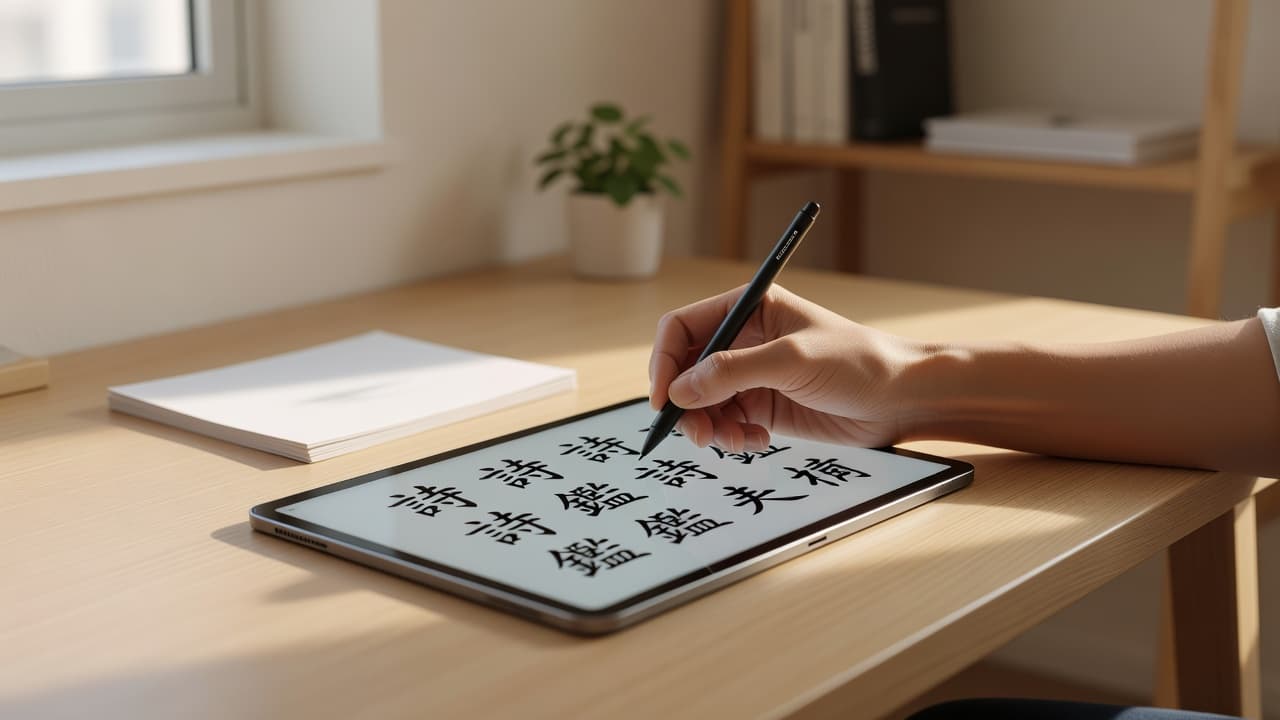 A close-up view shows a hand using a digital stylus on a sleek tablet screen to draft intricate Japanese characters. The scene is illuminated by soft, warm light in a clean room.