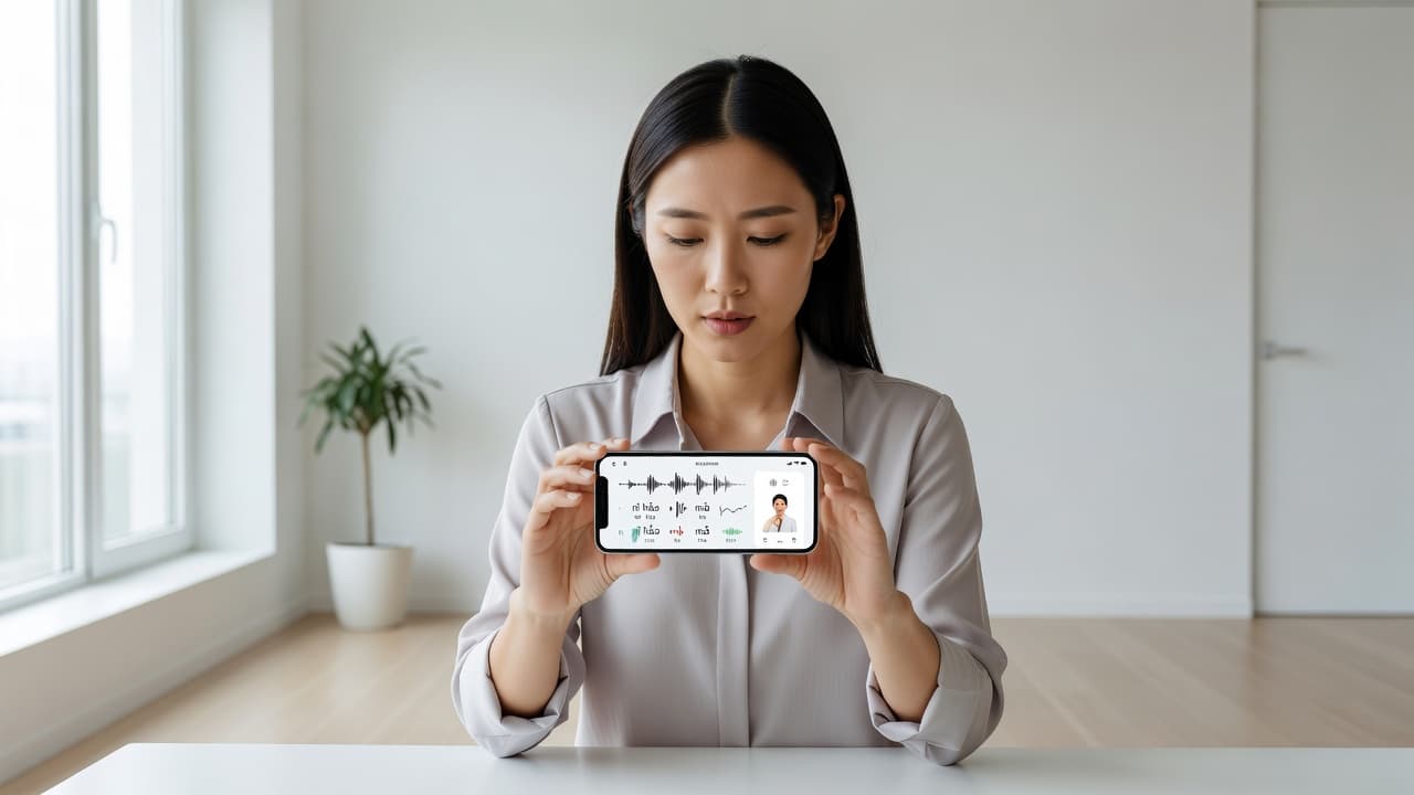 A focused individual sits in a brightly lit modern room while holding a smartphone. They appear to be engaged in language exercises, with soft ambient light creating a calm, professional atmosphere.
