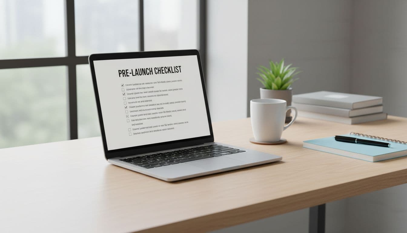 A clean office desk with a laptop open to a migration checklist document, coffee mug, notebook with pen, and soft natural window light, creating a professional workspace vibe with no people or text.