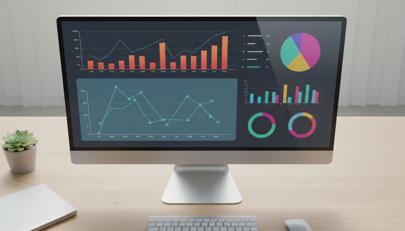 Overhead view of a modern office desk setup with a single desktop monitor displaying an analytics dashboard tracking pre-order metrics like refund rates and chargebacks, featuring charts and graphs without text labels, professional lighting, and data visualization style.