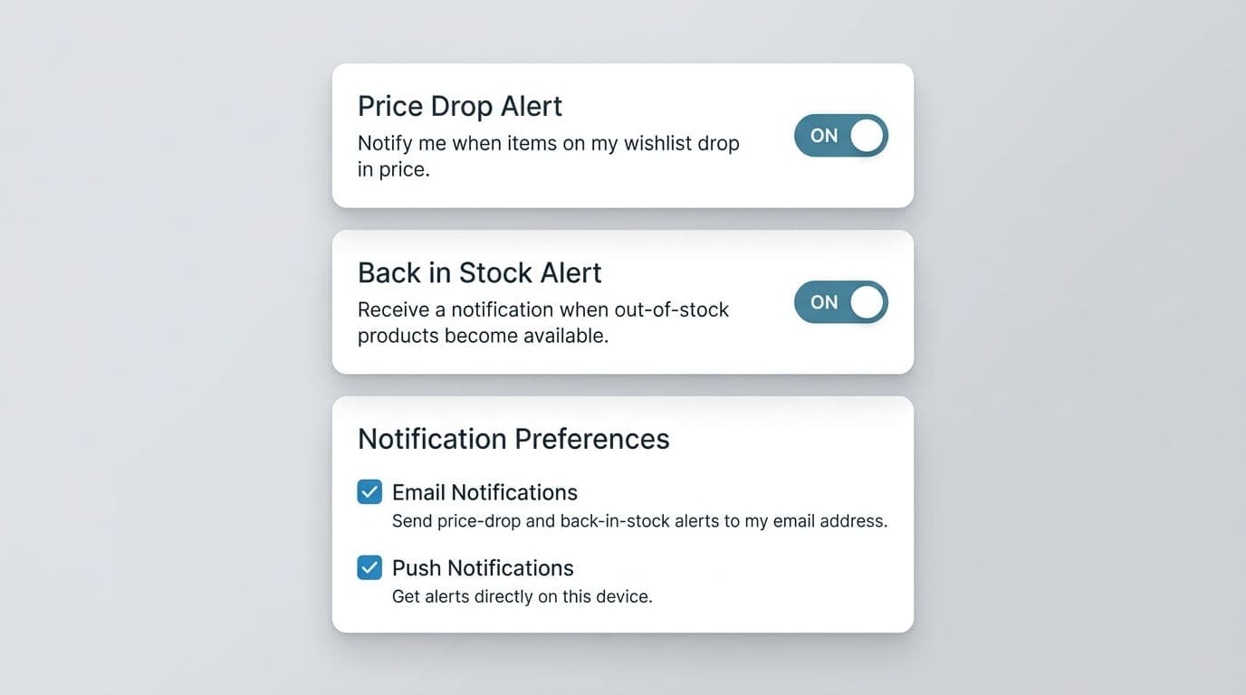 Clean minimalist high-contrast UI mockup showing notification and email prompts for price-drop and back-in-stock alerts, featuring toggle switches and opt-in checkboxes on a soft neutral background.