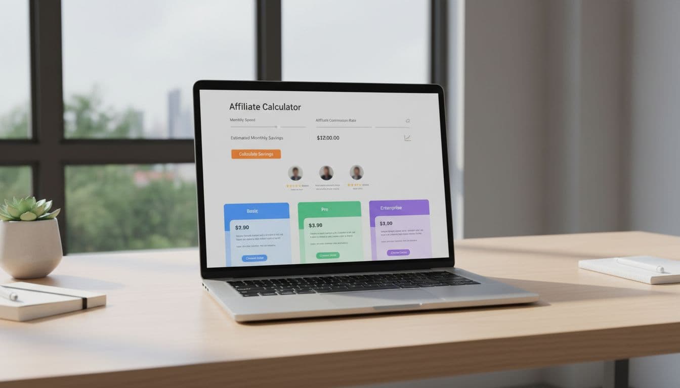 Pricing page layout featuring an affiliate savings calculator above pricing tiers, with testimonials and CTA buttons, displayed on a laptop in a modern workspace under natural window light.