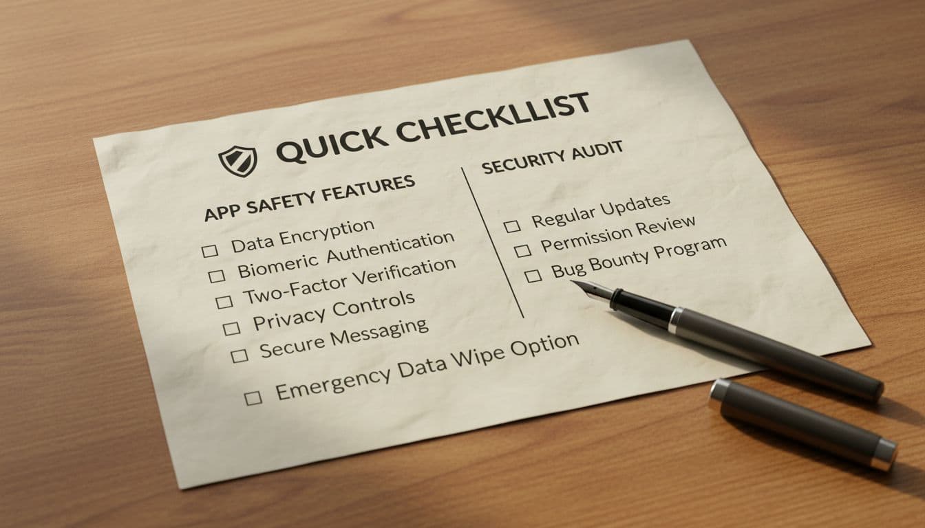 Clean one-page checklist on paper with bullet points and checkboxes for app safety features, pen resting nearby on wooden desk surface under soft overhead lighting, realistic style.