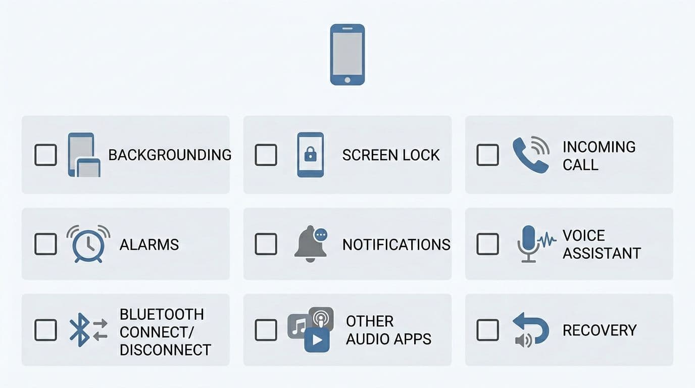The 15-Minute Background Audio Control Test For Language Apps 4 Clean modern flat-design printable checklist for background audio control testing, with checkmark boxes for test cases including backgrounding, screen lock, incoming calls, alarms, notifications, voice assistant, Bluetooth, other apps, and recovery.