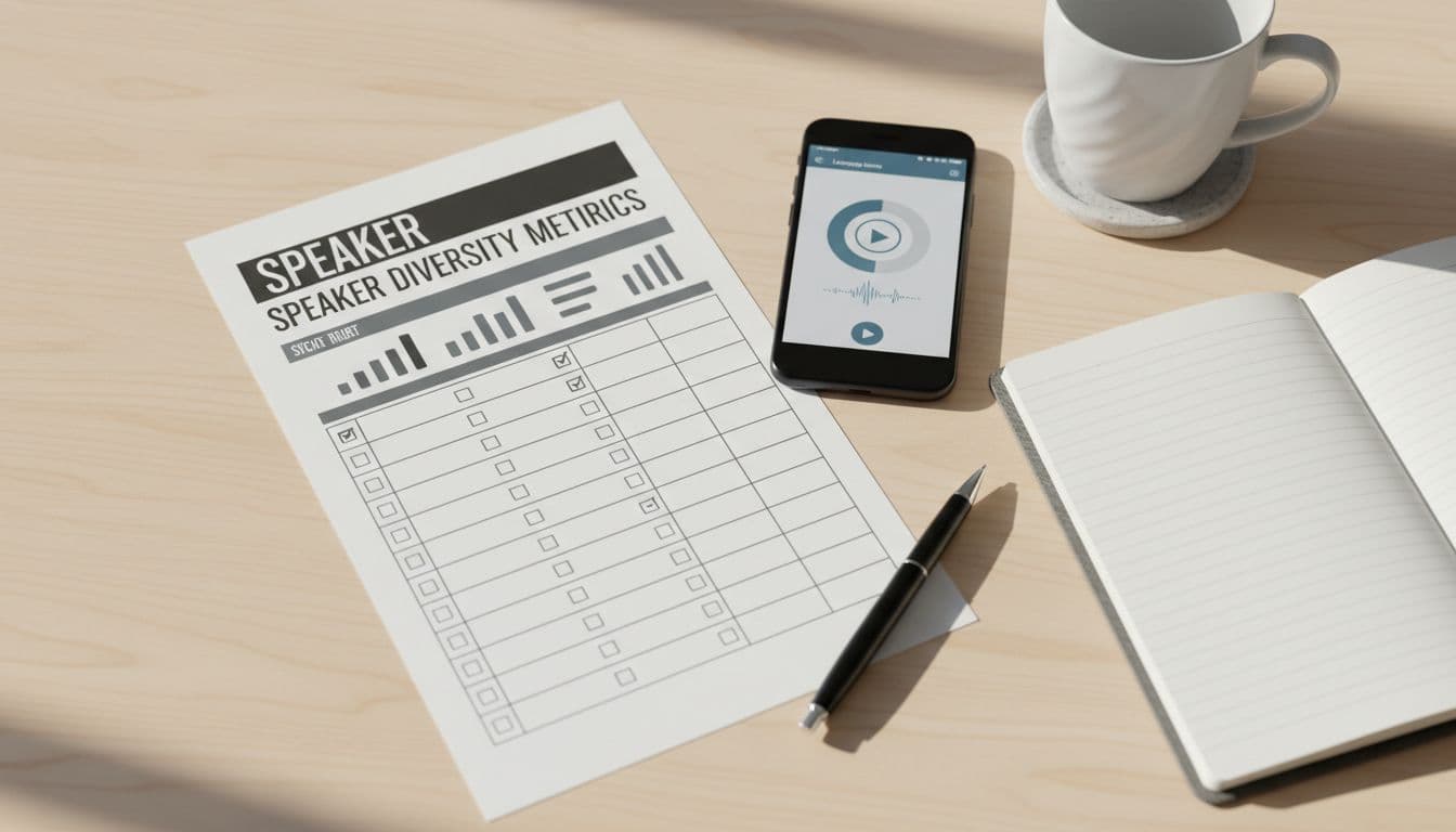 Clean wooden desk with a printed one-page scorecard for speaker diversity metrics including checkboxes and charts, next to a smartphone displaying a language app audio player, ballpoint pen, notebook, and coffee mug in soft morning light, top-down realistic product photography.
