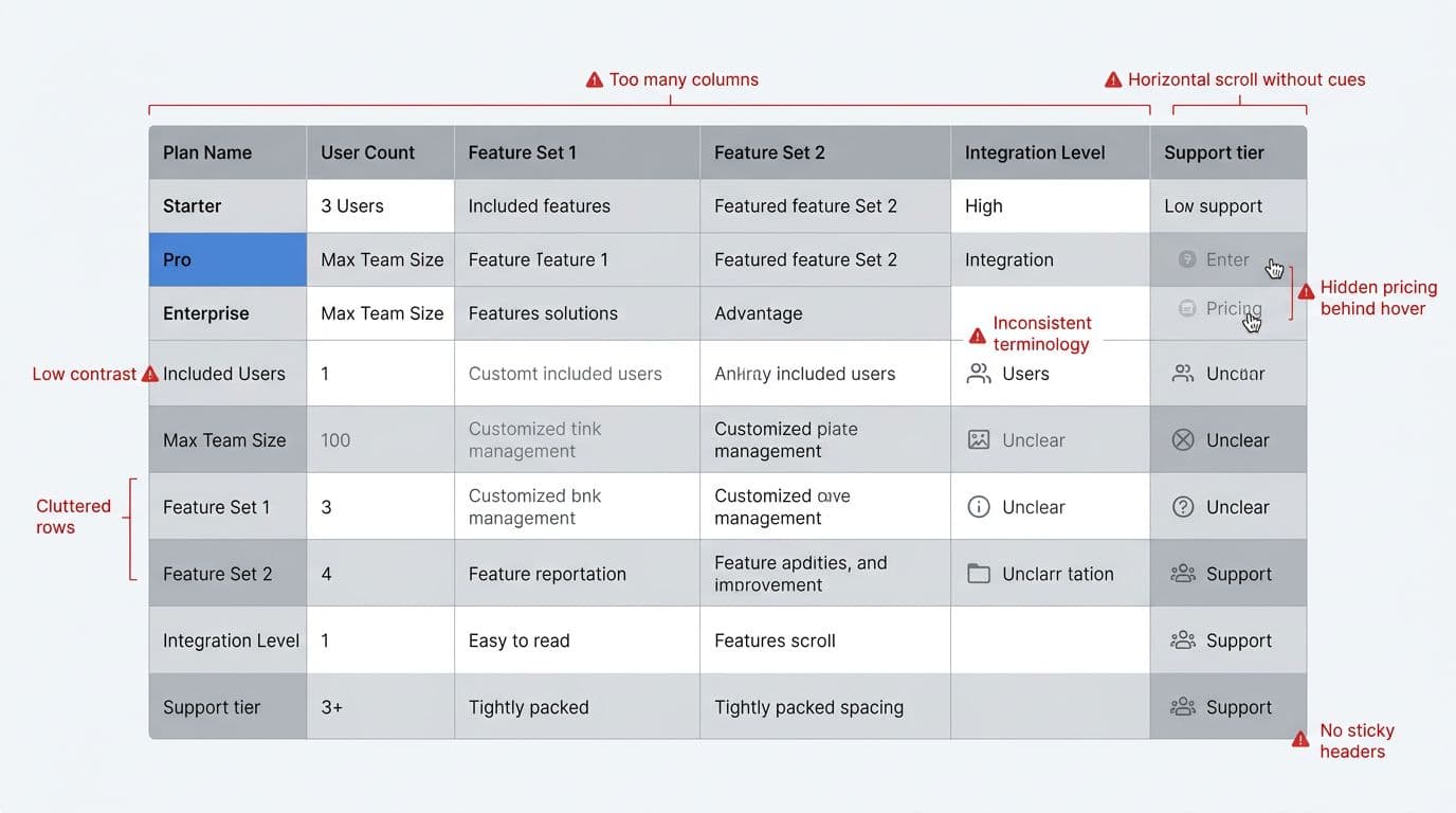 Clean modern SaaS UI diagram on light background highlighting UX flaws in a product comparison table for Starter, Pro, and Enterprise plans, with red warning callouts for issues like too many columns and low-contrast text.