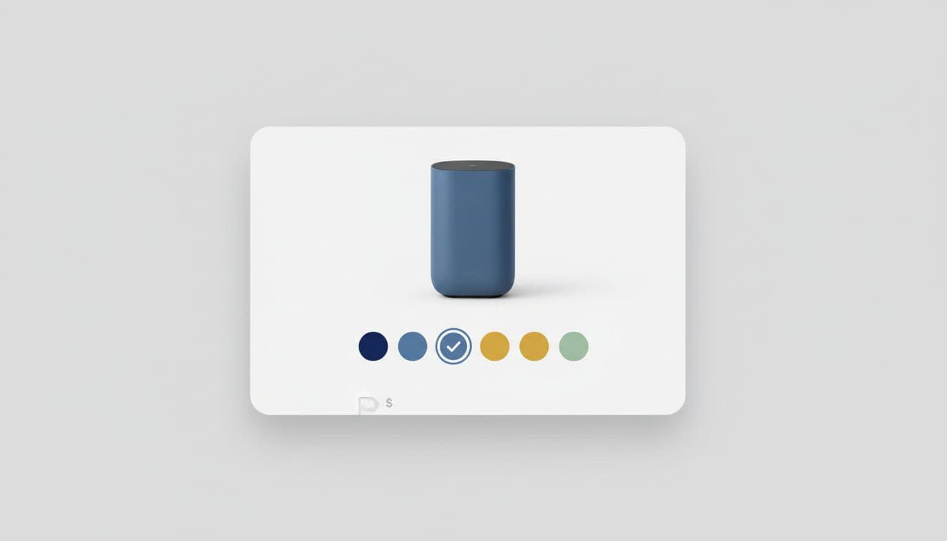 Centered ecommerce product card displays image matching selected swatch with white outline and check icon below, on light gray background.