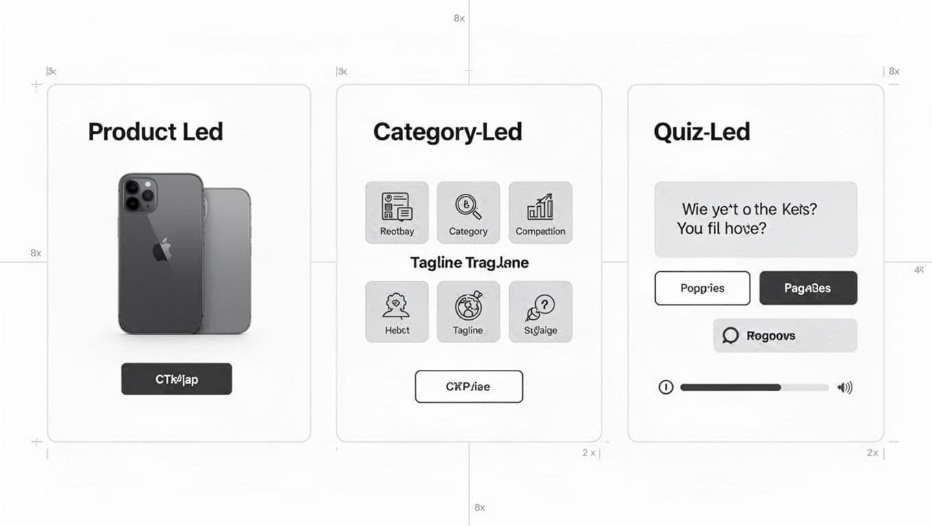 Side-by-side grayscale minimalist UX wireframes of three hero section variants: product-led with large product image and CTA button (left), category-led with icons grid and tagline (center), quiz-led with question prompt, buttons, and progress bar (right). High-contrast simple lines, boxes, and labels on white background with light gray elements and dark annotations, landscape composition.