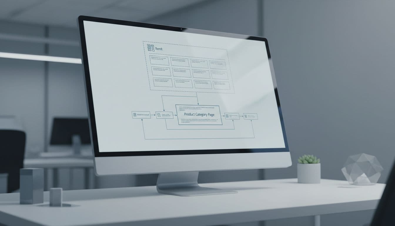 Simple wireframe diagram of schema markup for a product category page on a desktop monitor, featuring ItemList and BreadcrumbList icons in a minimalist tech office desk setup with soft lighting.