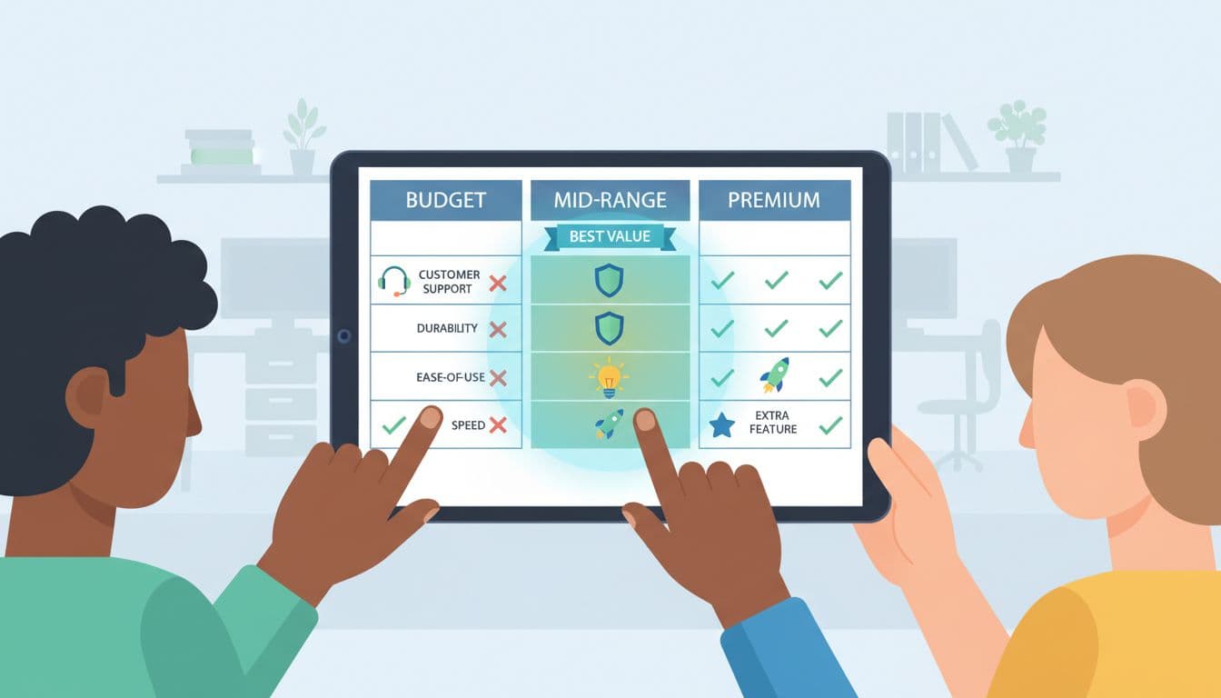 A clean, modern flat-vector landscape illustration of a product comparison table with budget, mid-range, and premium columns, featuring icons for customer support, durability, ease-of-use, and speed. The mid-range option glows as best value, with diverse hands and people viewing it on a tablet against a neutral office background.