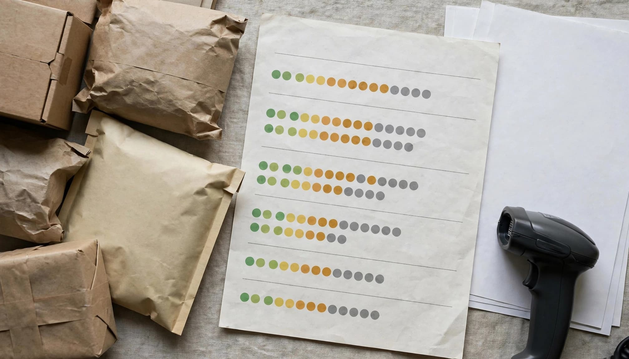 Packaged goods sit beside product data sheets and a barcode scanner.
