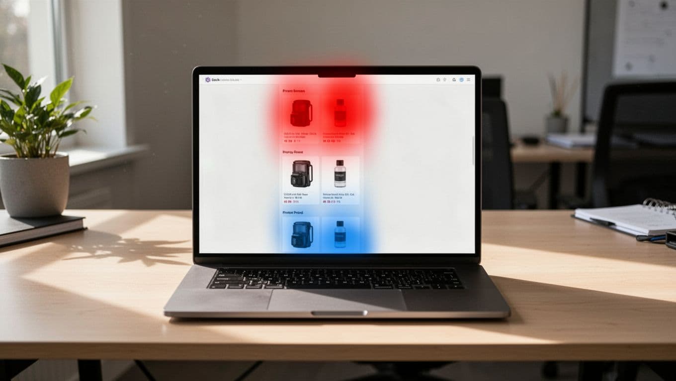 Heatmap on a laptop screen showing intense red clicks concentrated on the first two products in a vertical affiliate recommendation list, fading to blue at the bottom, in a modern office desk setting with natural lighting.