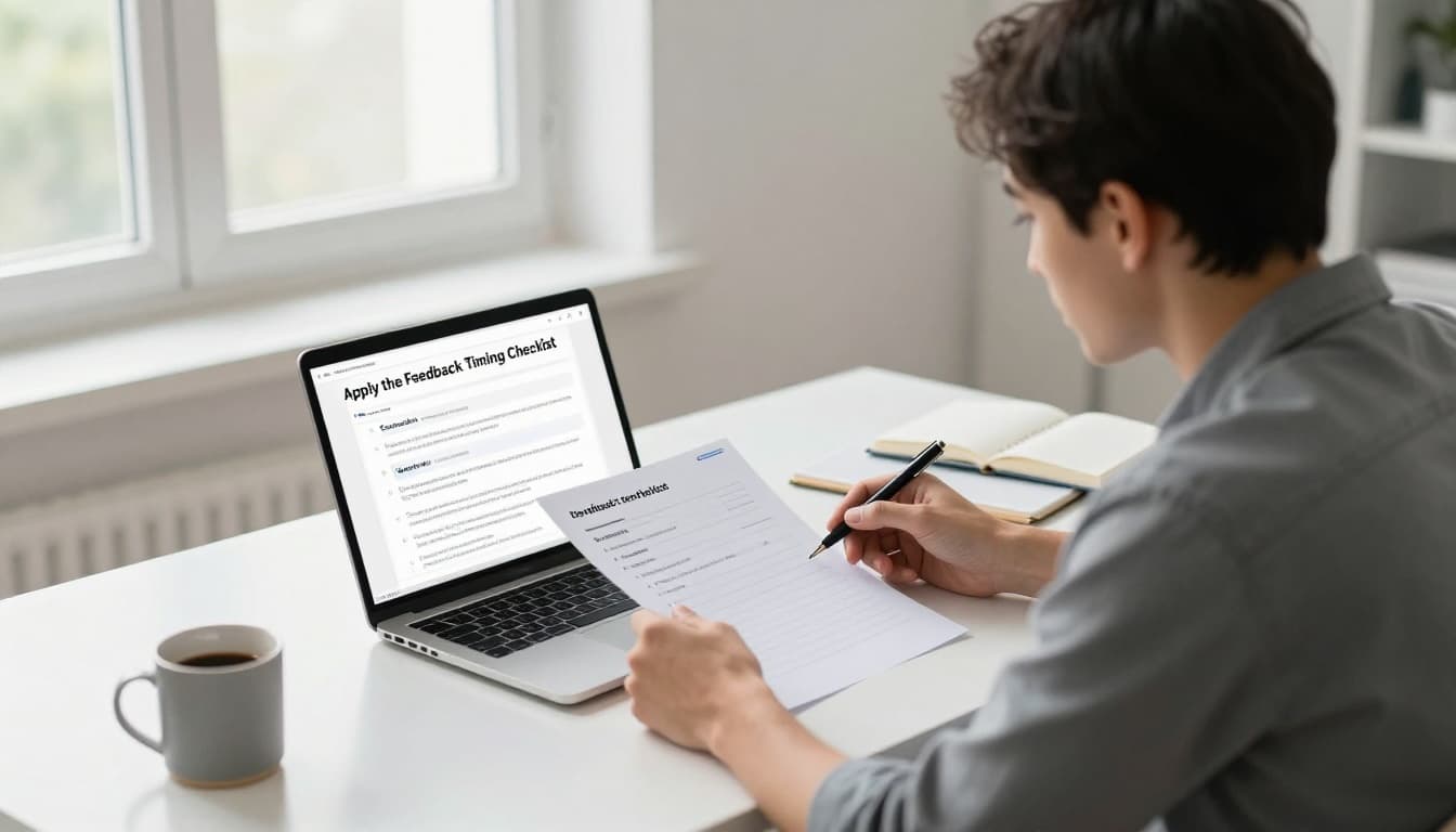 The 10-Minute Feedback Timing Check for Language Apps 3 A focused product manager sits at a modern desk in a bright office, holding a checklist for reviewing app feedback timing, with a laptop showing a blurred language learning app screen, notebook, and coffee mug nearby.