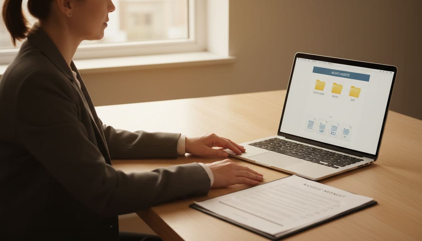 The 15-Minute Lesson Audio Licensing Check For Language Apps 2 Professional product manager at modern desk reviewing printed checklist and digital audio licenses on laptop screen with organized voiceover music SFX folders, natural daylight, warm tones, realistic style.