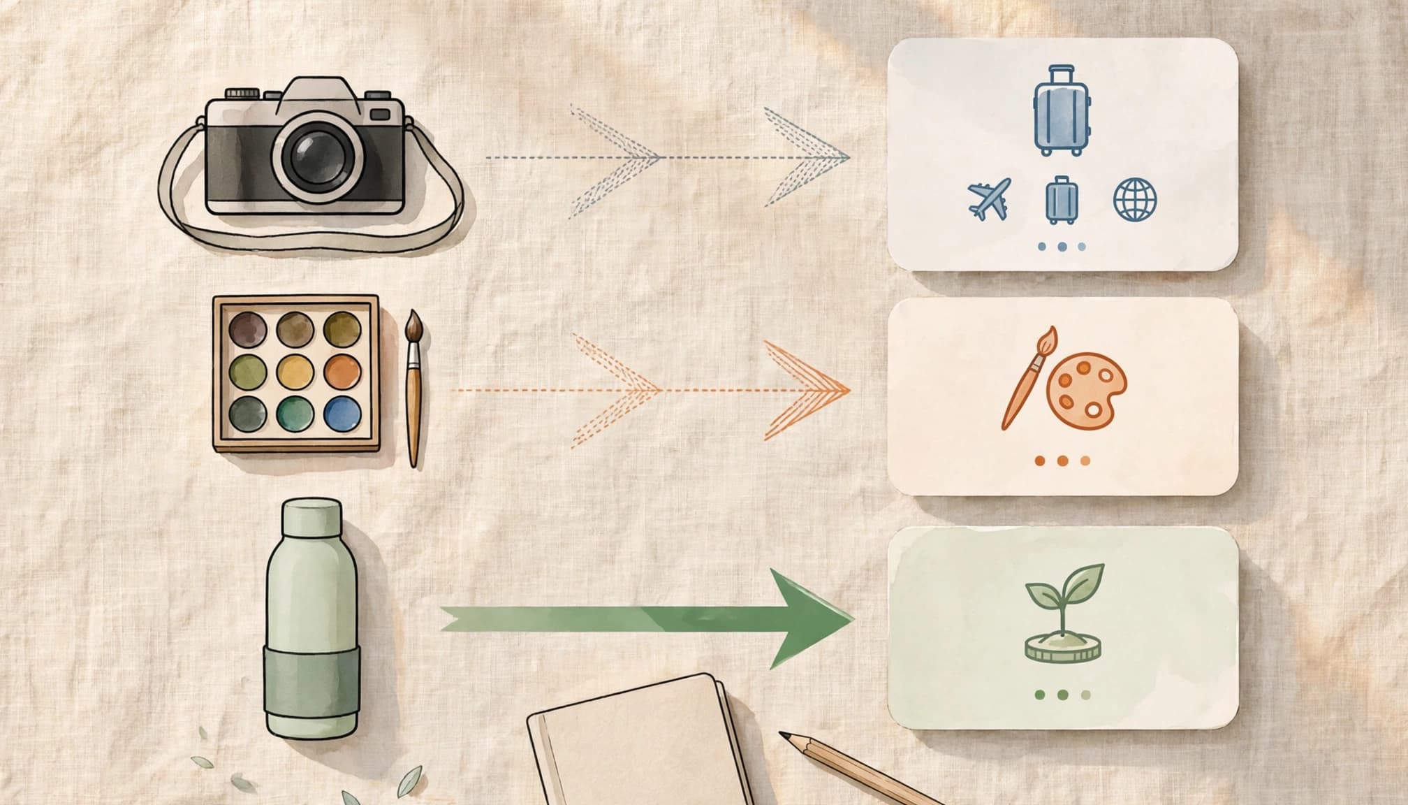 Three product options beside audience cards on a bright tabletop with a notebook and pen.
