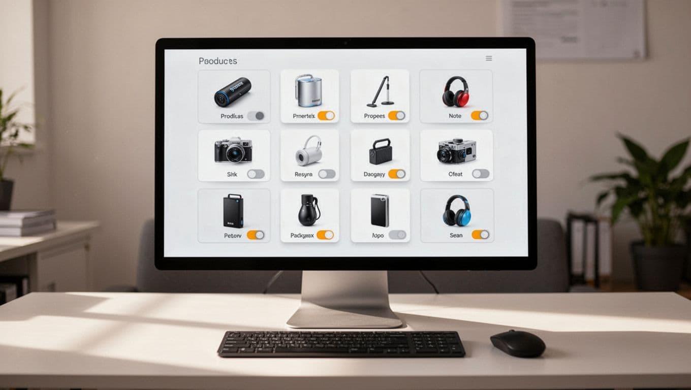 A realistic photo of a computer screen displaying a simple comparison table for three product options in a review post, with subtle affiliate buttons next to each, set on a desk with keyboard and mouse under soft office lighting.