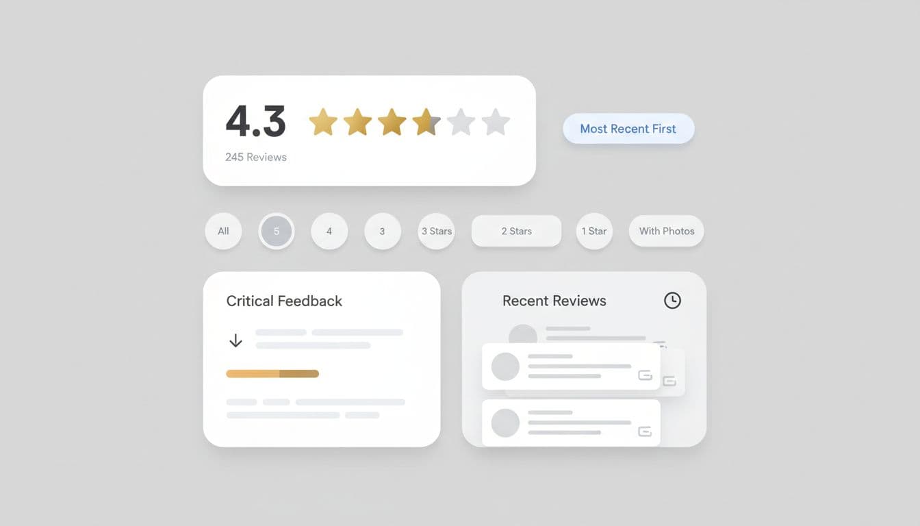 Illustration of a modern web UI product review summary module featuring average rating, review count, recency highlights like most recent reviews first, subtle critical feedback, and review filters in a clean, neutral palette.
