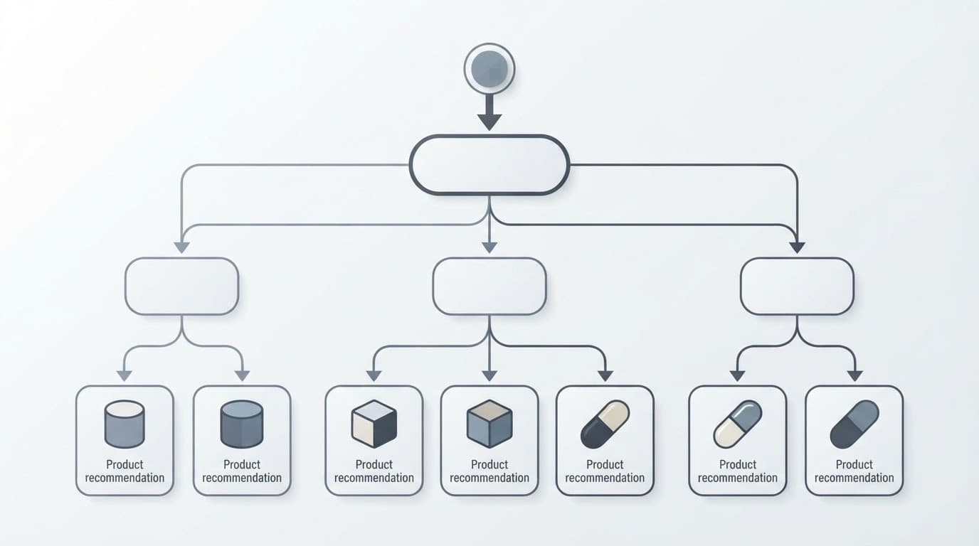 A clean flowchart showing quiz questions branching toward product recommendations.